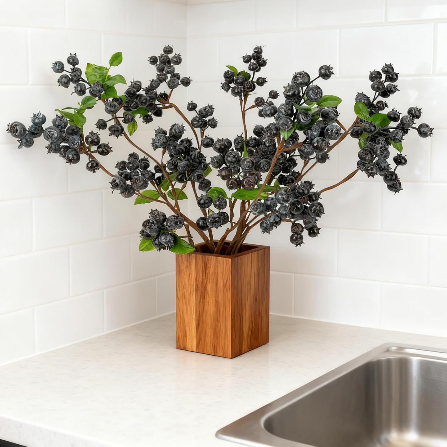 4 Pcs 22Inch Artificial Blueberries Stem With Green Leaves, Artificial Stems Blueberry Picks Fruit Fake Silk Flowers For Centerpieces Farmhouse Holiday Party Wedding Decor (Blue)