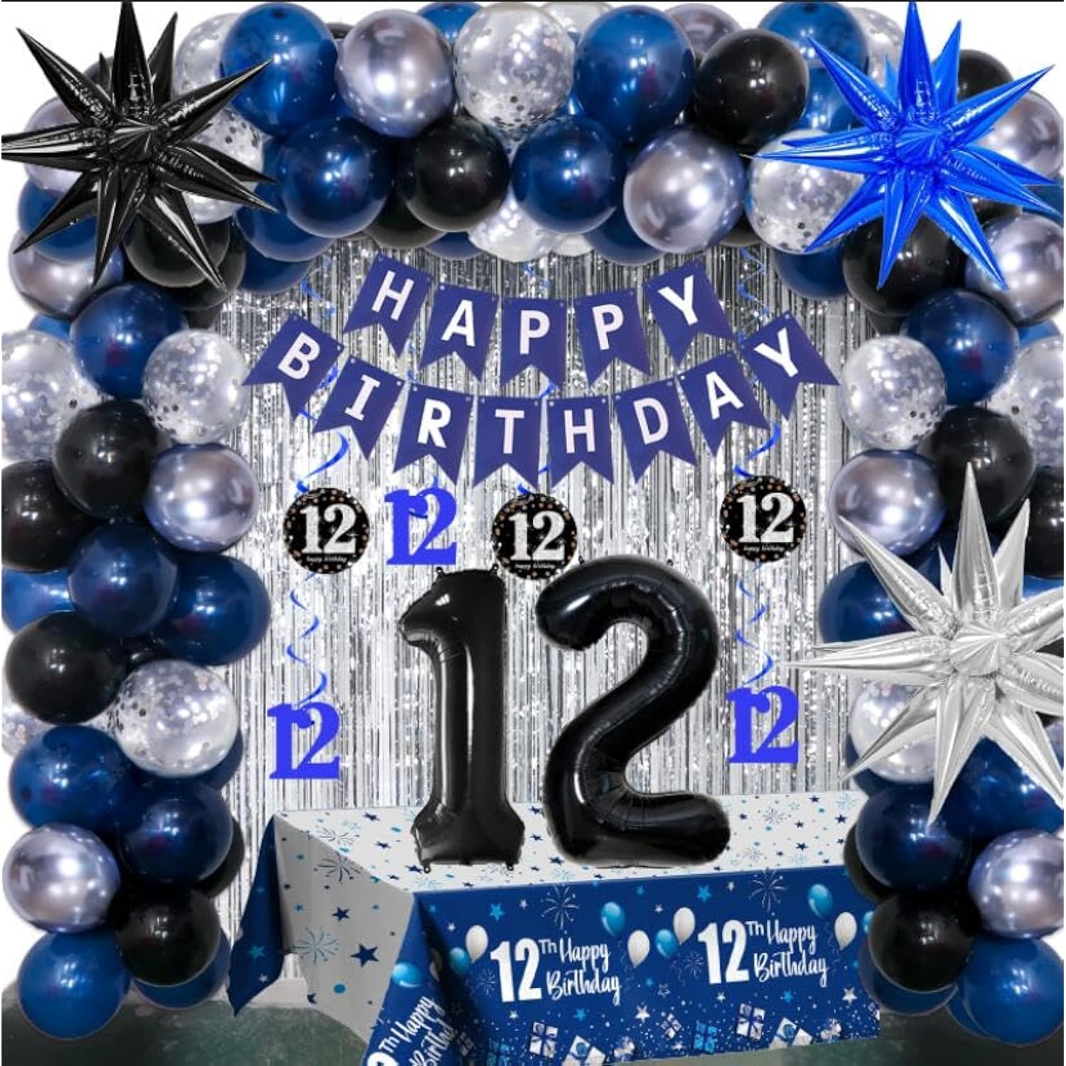 12Th Birthday Decorations For Boys And Girls Dark Blue, 12 Year Old Party Supplies With Happy Birthday Banner 12 Balloon Number Tablecloth Foil Star Balloons Garland Arch Kit