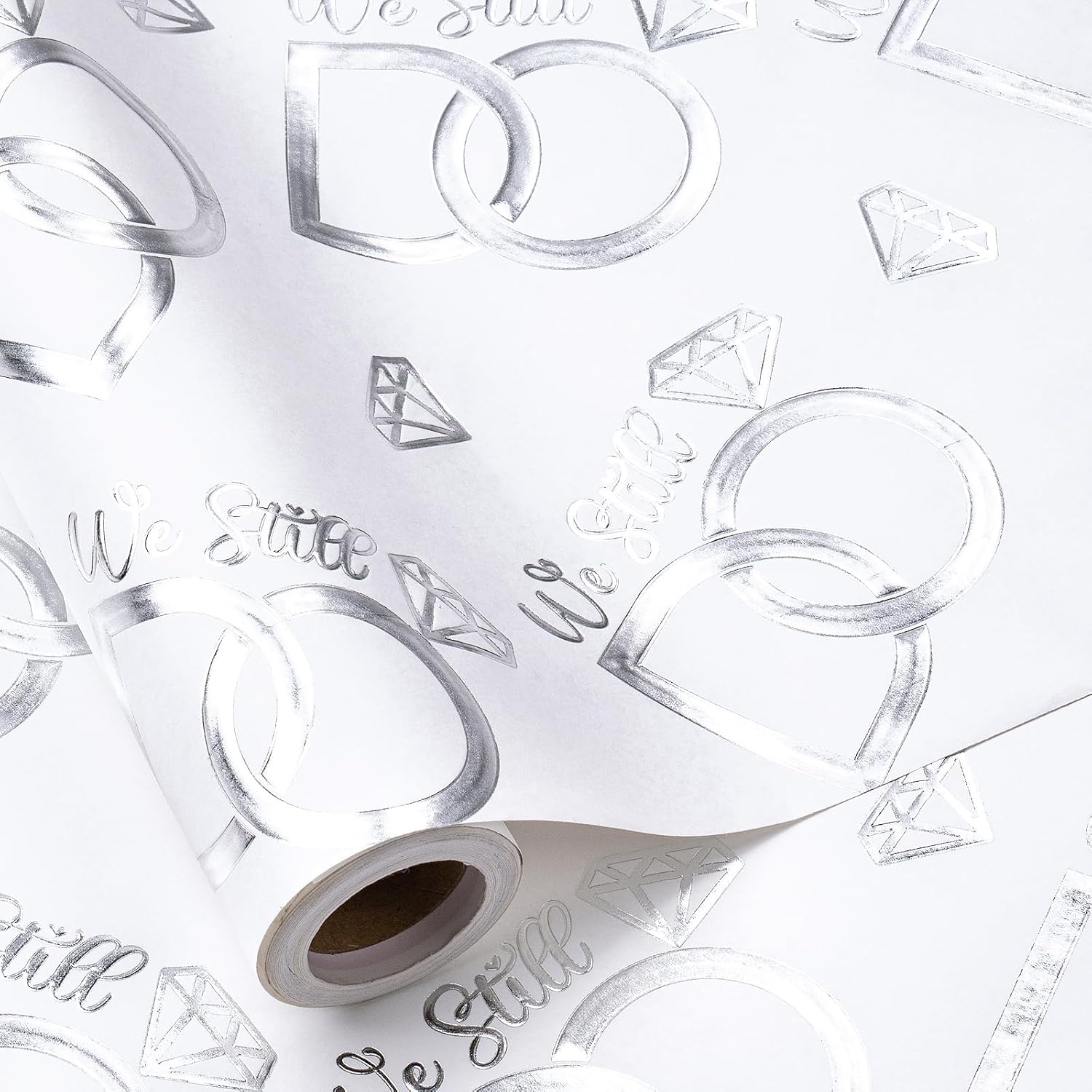Anniversary Wrapping Paper Roll, Mini Roll, Silver Foil We Still Do Design With Wedding Ring, Elegant Gift Wrap For Wedding, Anniversary, Engagement, Bridal Shower, 17 Inches X 16.4 Feet