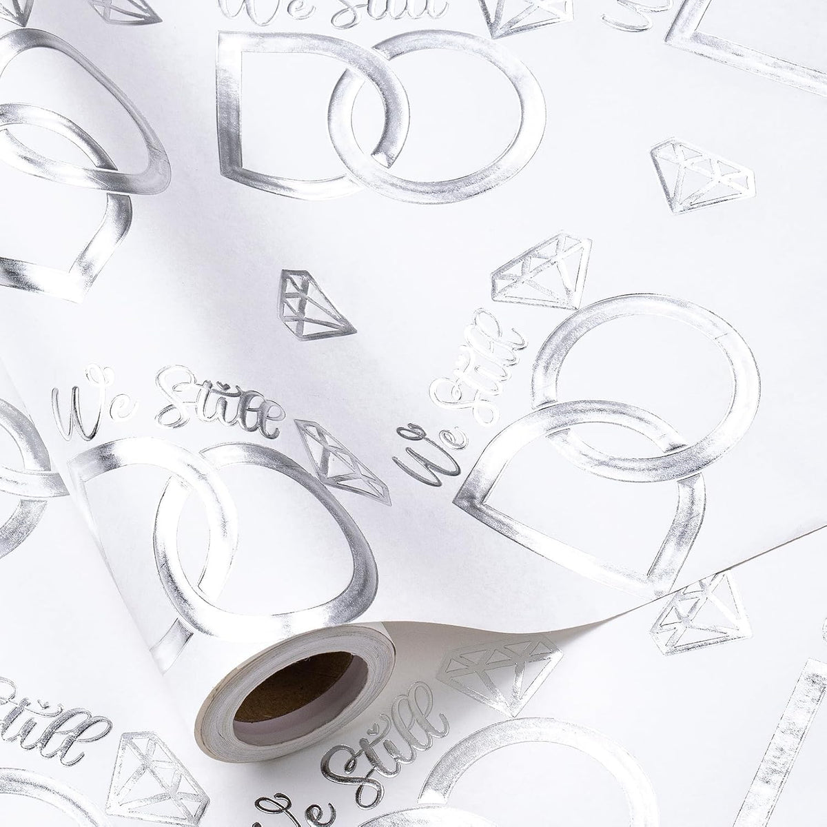 Anniversary Wrapping Paper Roll, Mini Roll, Silver Foil We Still Do Design With Wedding Ring, Elegant Gift Wrap For Wedding, Anniversary, Engagement, Bridal Shower, 17 Inches X 16.4 Feet