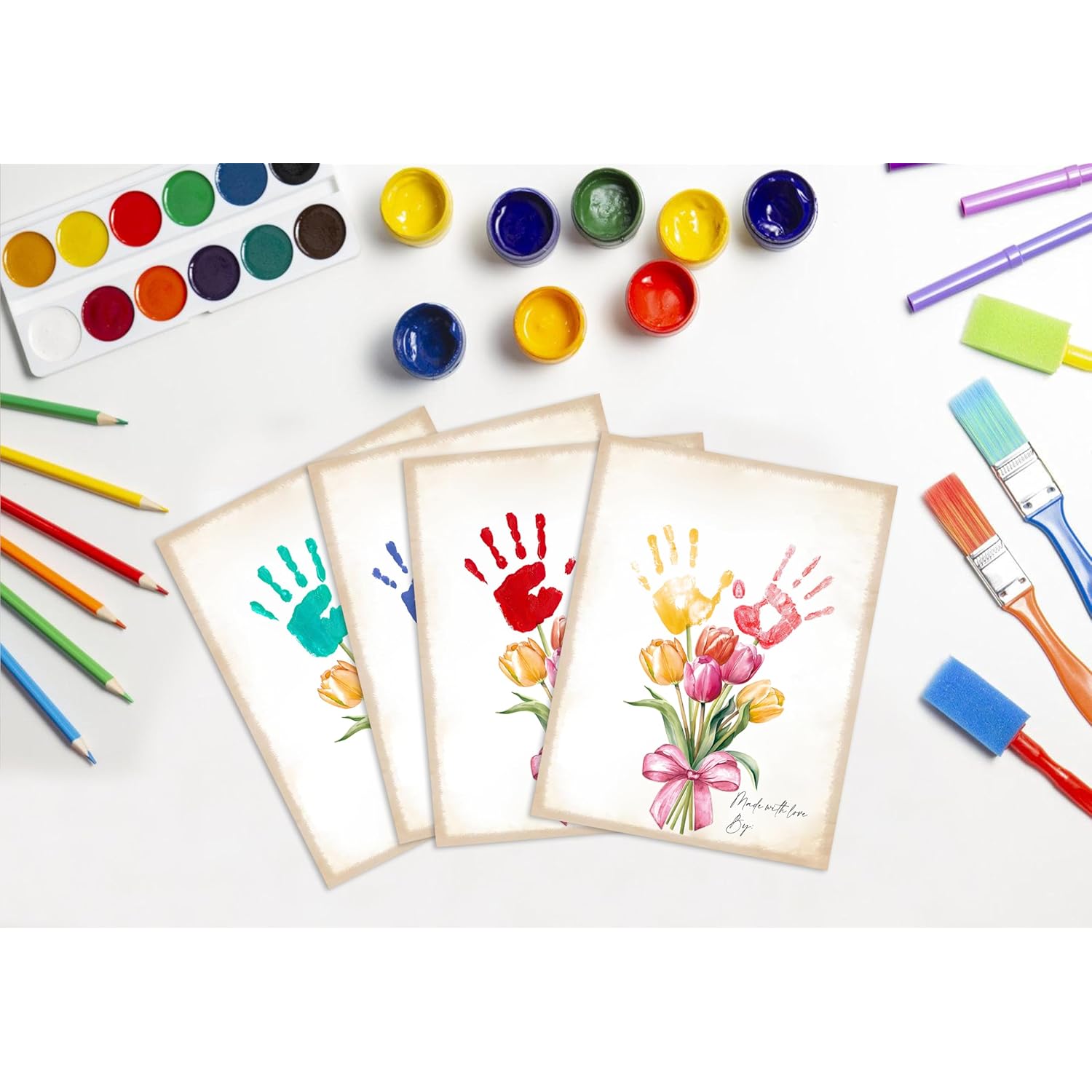 10 Pack Tulips Flower Bouquet Handprint Art, Diy Handprint Keepsake, Mothers Day Greeting Cards Bulk, Mothers Day Crafts For Family, Gifts For Mom & Grandma Birthday