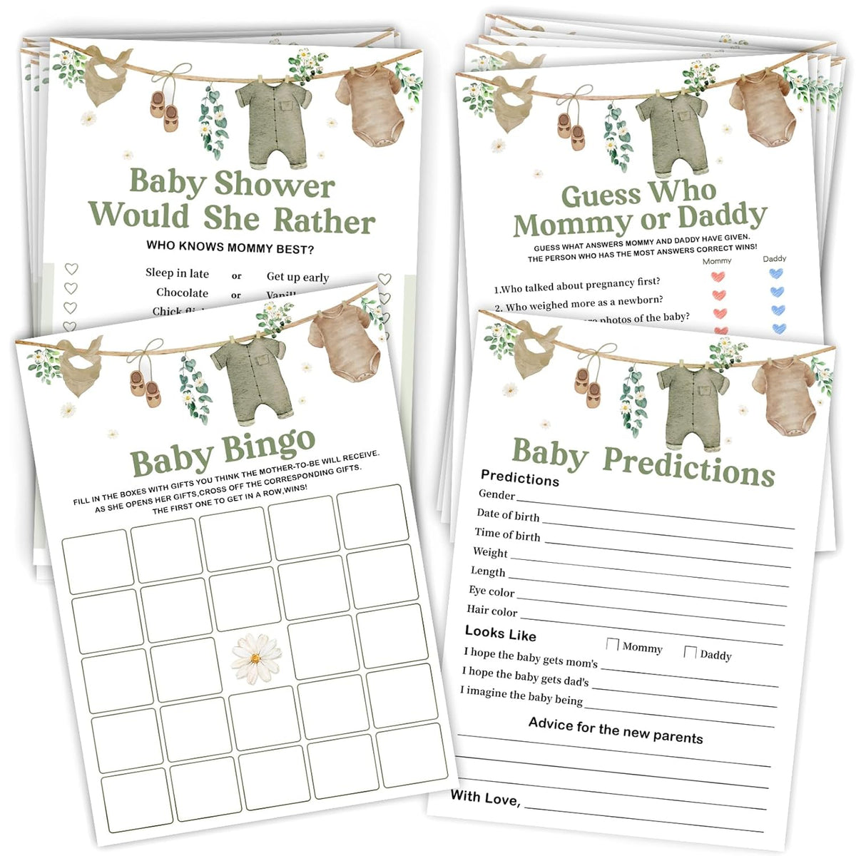 Baby Shower Games For Boys, Bingo Game For 25 Guests, Fun Mommy Or Daddy Prediction Game, Would She Rather Sage Green Baby Shower Decorations Ideas