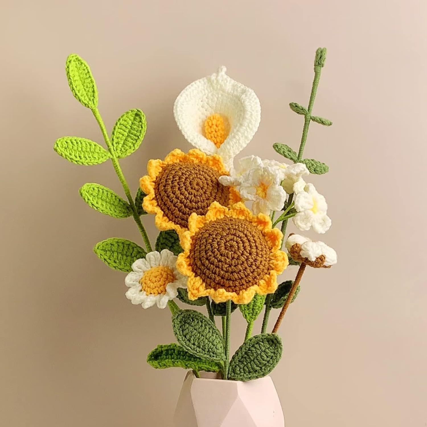 Crochet Flower Bouquet, Handmade Artificial Sunflowers Bouquet Knitted Flowers Crochet Sunflower Decor For Home Kitchen Wedding Party Office Decor