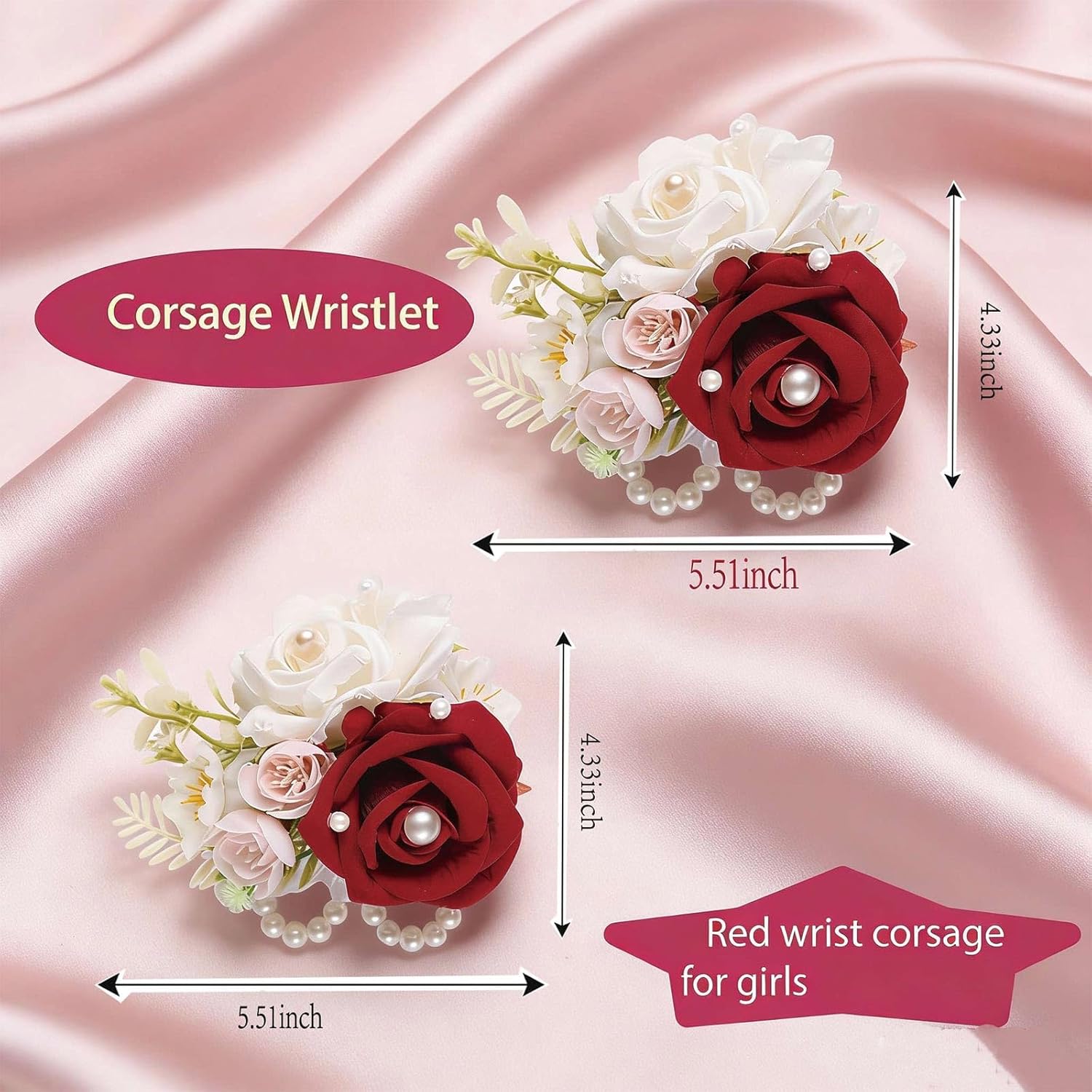 Dark Red Rose Wrist Corsage, Pack Of 2 Pcs Wedding Bridal Wrist Flower Corsage Hand Flower Artificial Silk Rose Decor For Prom Party Wedding (Dark-Red, 2Pcs).