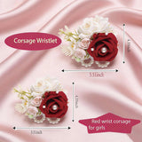 Dark Red Rose Wrist Corsage, Pack Of 2 Pcs Wedding Bridal Wrist Flower Corsage Hand Flower Artificial Silk Rose Decor For Prom Party Wedding (Dark-Red, 2Pcs).