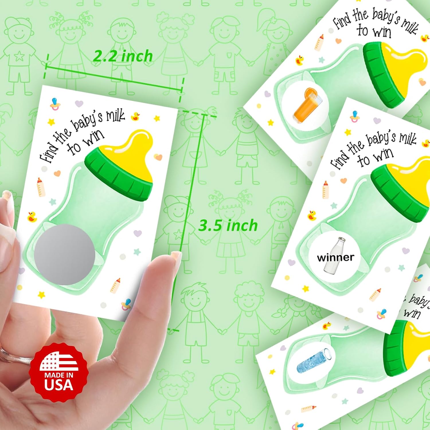 Find The Babys Milk Scratch Off Game, Gender Neutral Baby Shower Easy To Play Silly Games, Gender Reveal Funny Idea, Ice Breaker Activity. Raffle Cards, Green Bottle, Set Of 40 Cards Made In Usa