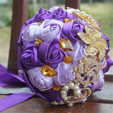 Handcraft Crystal Satin Rose Brooch Bridal Holding Wedding Bouquet Brooch Bouquet, Lace Decorated Bouquet, Wedding Flower Arrangements Bridesmaid Bouquet(Purple)