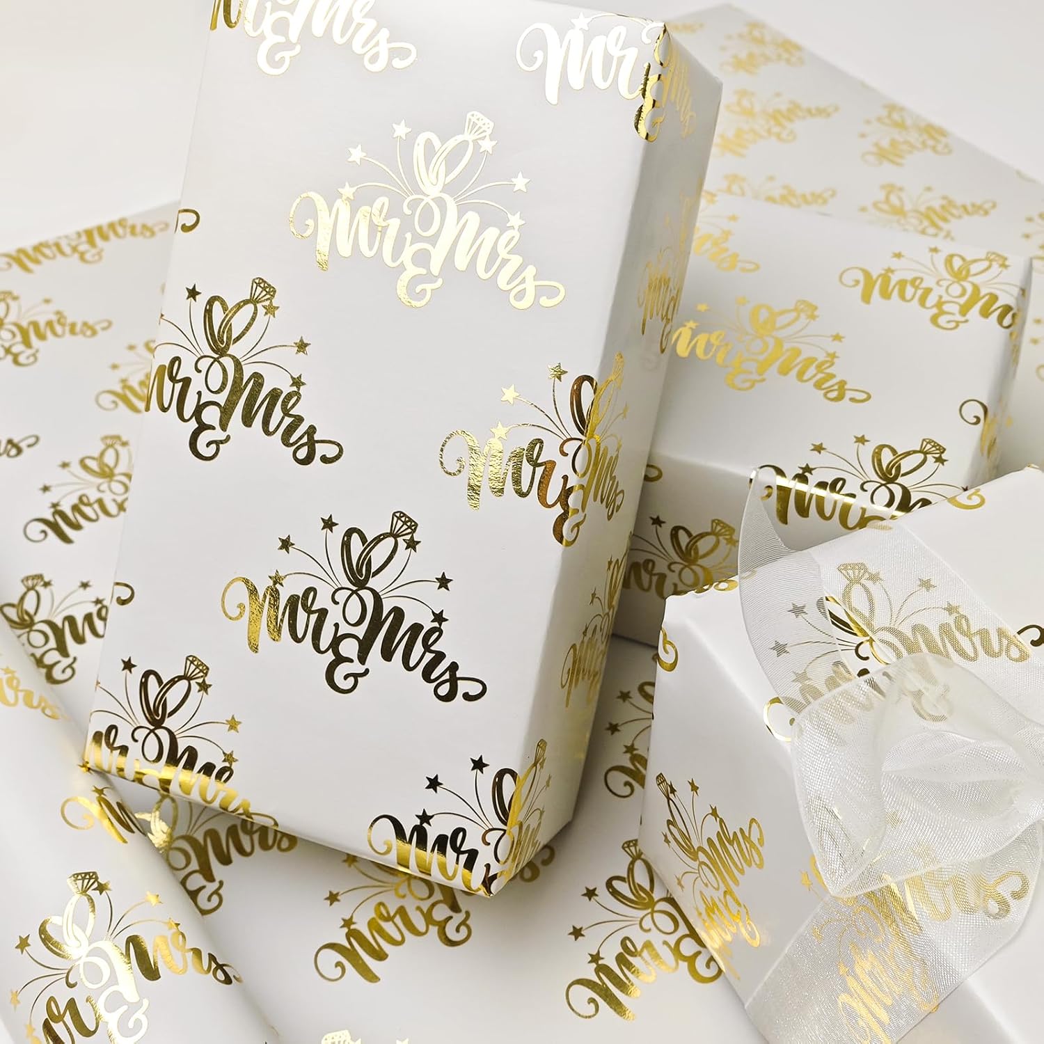 Mini Short Wedding Paper Roll For Men Women - Mr&Mrs Design Gold Foil Gift Wrap For Wedding, Valenline'S Day, Bridal Shower, Holiday Party Baby Shower(17 Inches X 32.8 Feet)