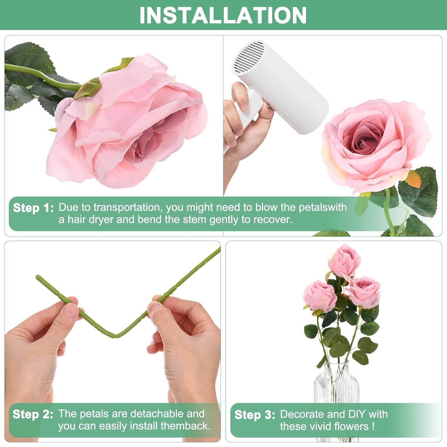 20-Pack Rose Artificial Flowers With Long Stem, Silk Faux Roses Plastic Bouquets Real Touch Faux Flowers For Home Decor/Wedding/Christmas/Diy/Party/Garden Office [Dark Light Blue]