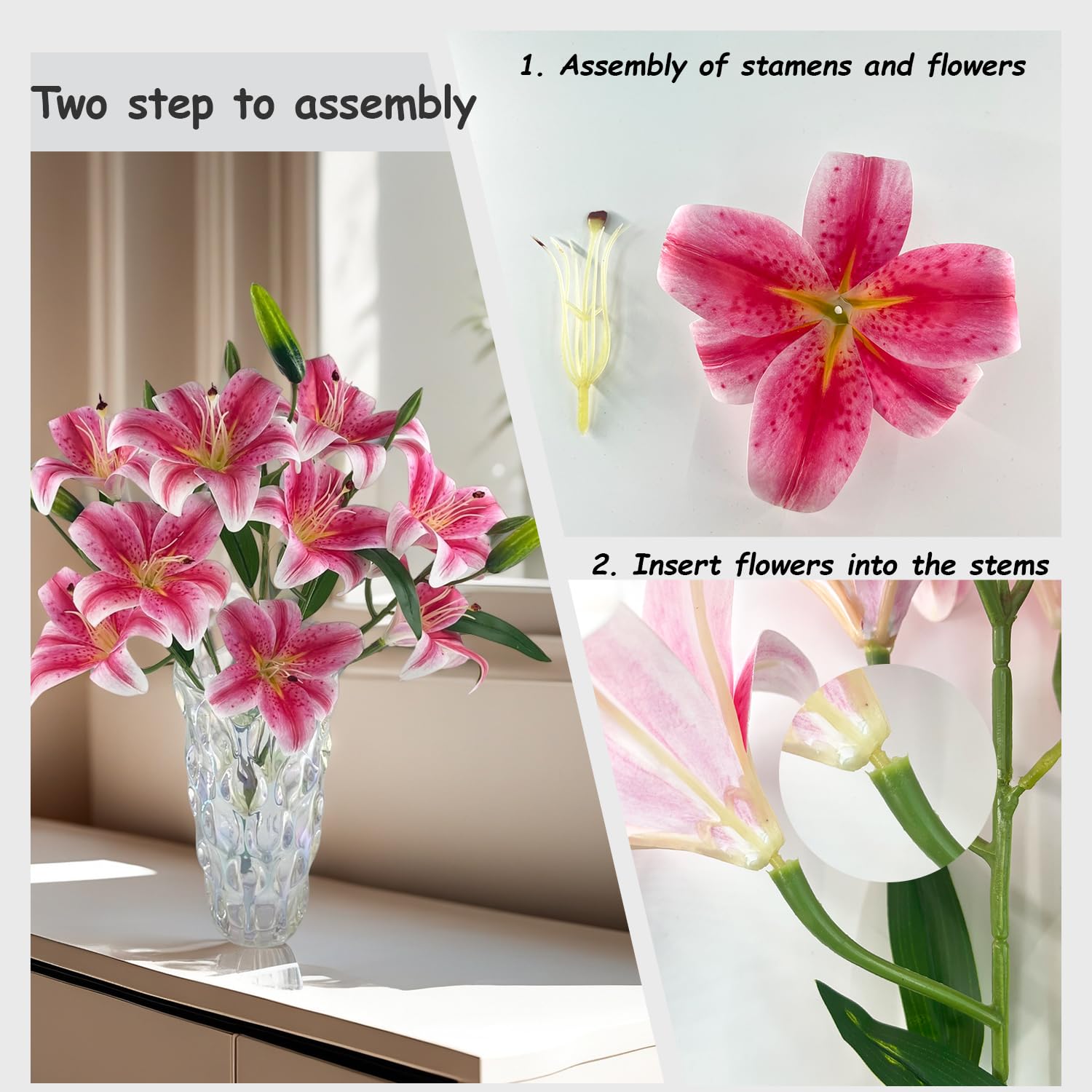 12 Artifical Lily Flowers With 9 Heads Full Bloom Lily & 3 Buds, Long Stem Artificial Stargazer Lilies, Faux Tiger Bouquets For Home Hotel Office Party Decor Table Centerpieces?Dark Pink
