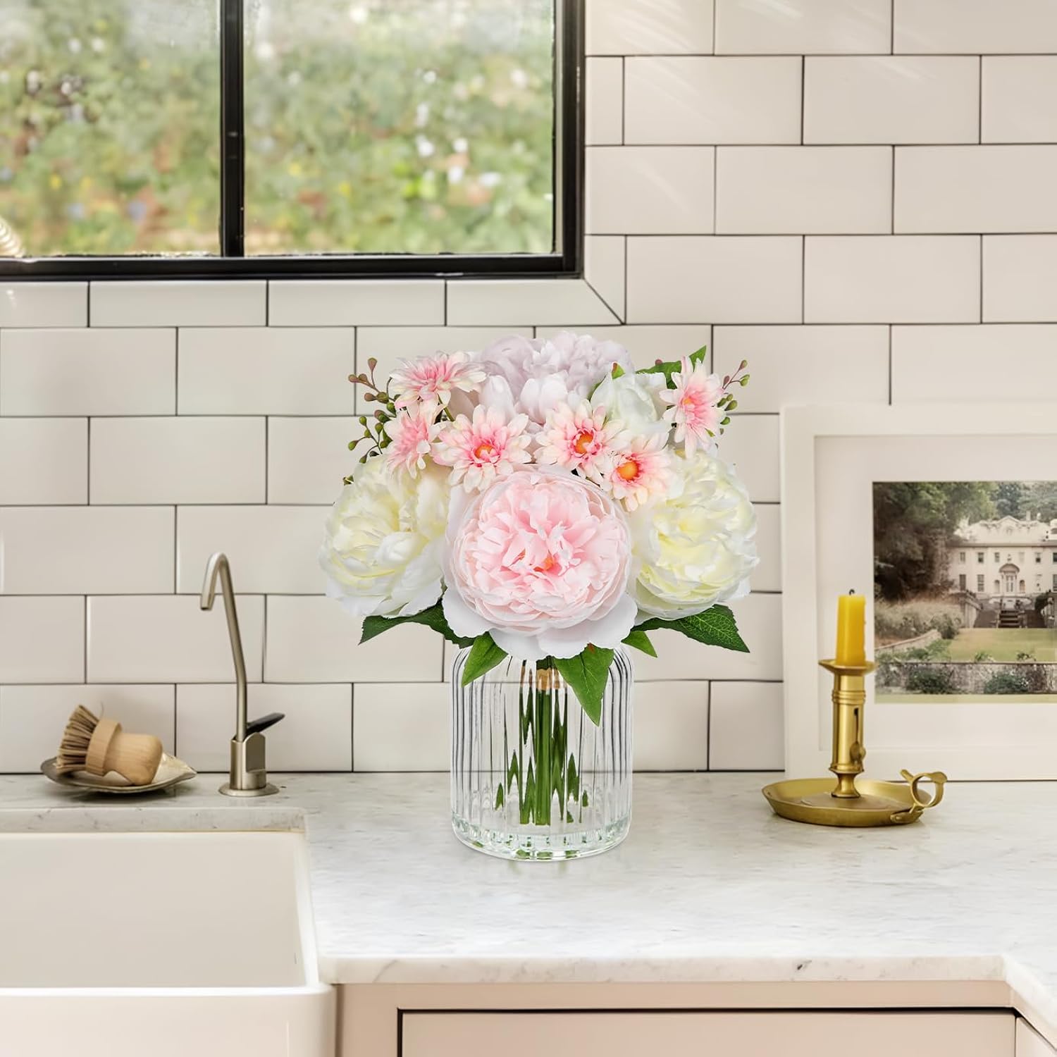 Artificial Flowers In Vase Pink Silk Peony & Daisy Faux Floral Arrangements For Table Centerpieces, Home Office Kitchen Bathroom Decor, Spring Fake Flower Arrangement
