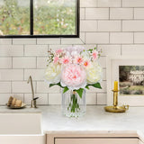 Artificial Flowers In Vase Pink Silk Peony & Daisy Faux Floral Arrangements For Table Centerpieces, Home Office Kitchen Bathroom Decor, Spring Fake Flower Arrangement