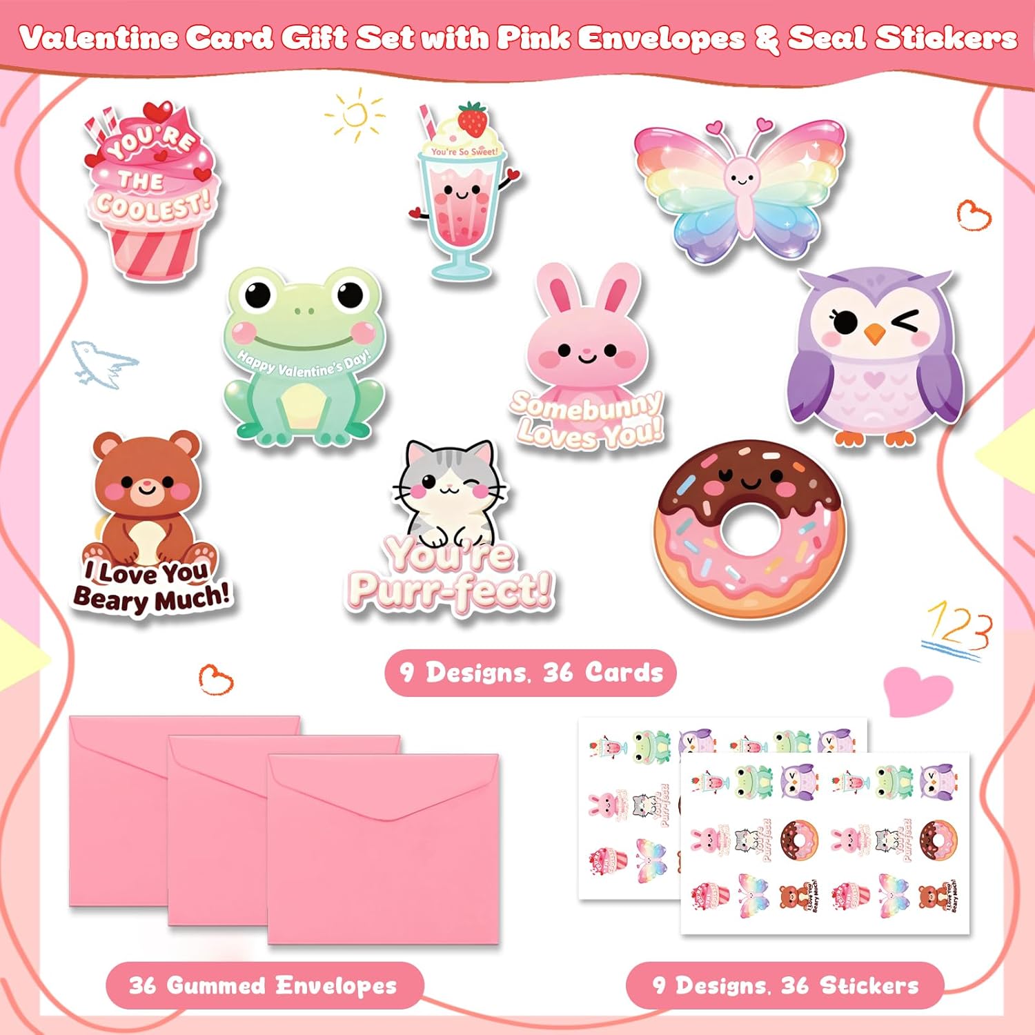 36 Pack Valentines Day Cards For Kids School – Adorable Die-Cut Animal & Food Classroom Valentines With Pink Envelopes & Stickers, 9 Cute Designs For Boys, Girls & Teachers