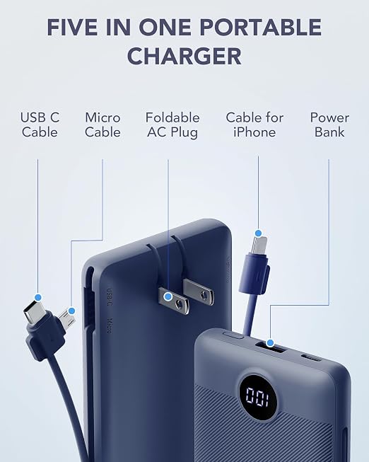 10000mAh USB C Power Bank with Built In Cables AC Wall Plug Portable Charger Navy