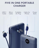 10000mAh USB C Power Bank with Built In Cables AC Wall Plug Portable Charger Navy