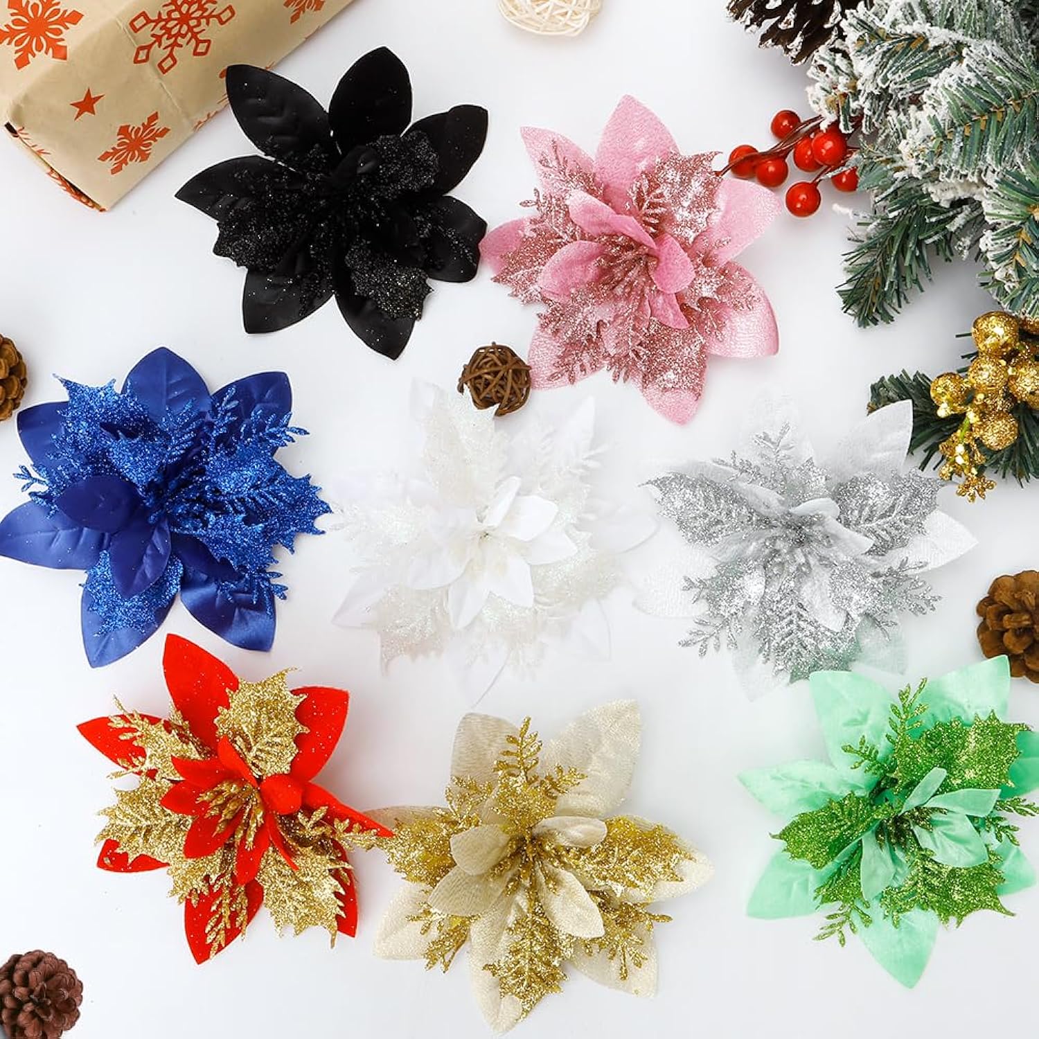 White Christmas Ornaments - 12Pcs Poinsettias Artificial Flowers,White Ornaments For Christmas Tree Decorations,Glitter Poinsettia Decorations Xmas Flower Picks