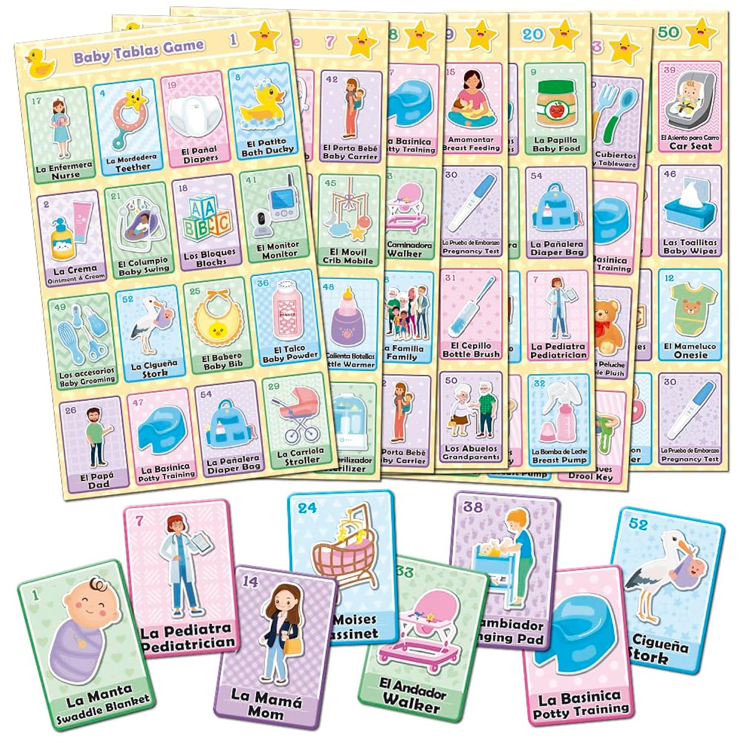 Baby Shower Loteria Fiesta Bilingual Game - Mexican Bingo In English And Spanish, For Up To 50 Players