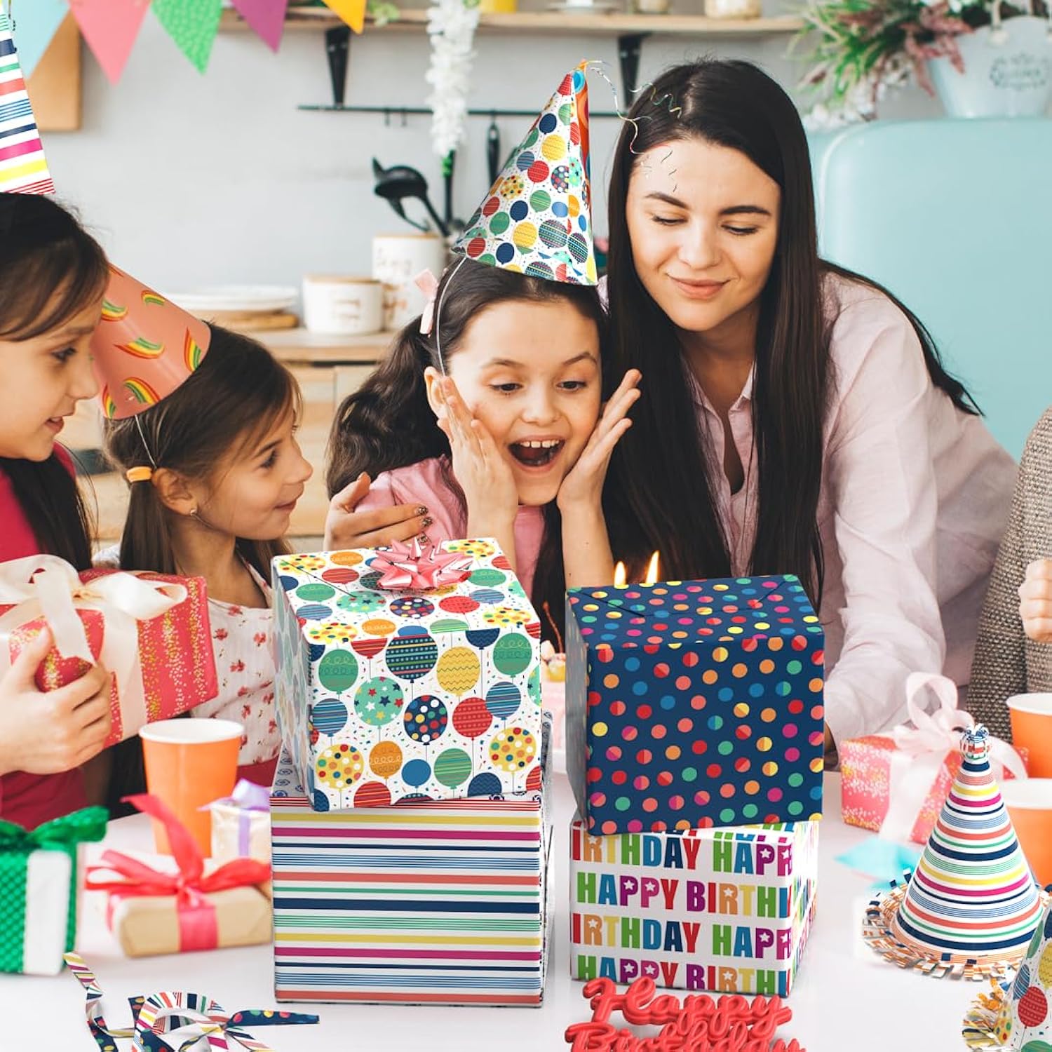 Birthday Wrapping Paper For Boys Girls Women Men,12 Sheets Gift Wrapping Paper With “Happy Birthday” Polka Dots, Balloons, Colorful Stripes - Holiday Gift Wrap 20×28 Inch