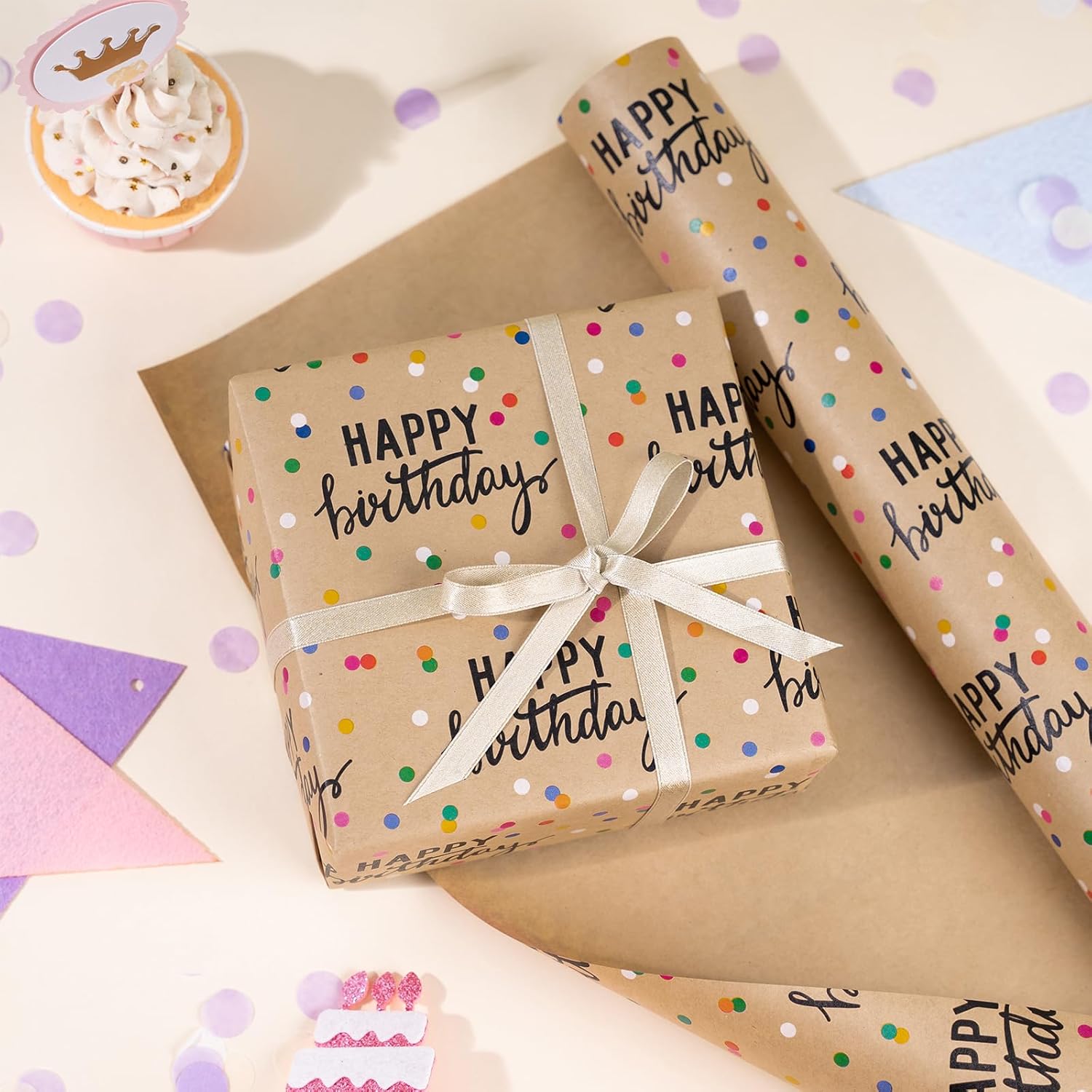 Birthday Kraft Wrapping Paper Roll, Happy Birthday Lettering & Colored Polka Dots Kraft Design For Birthday, Holiday, Party, Baby Shower, 17 Inches X 32.8 Feet (46.45 Sq.Ft.)
