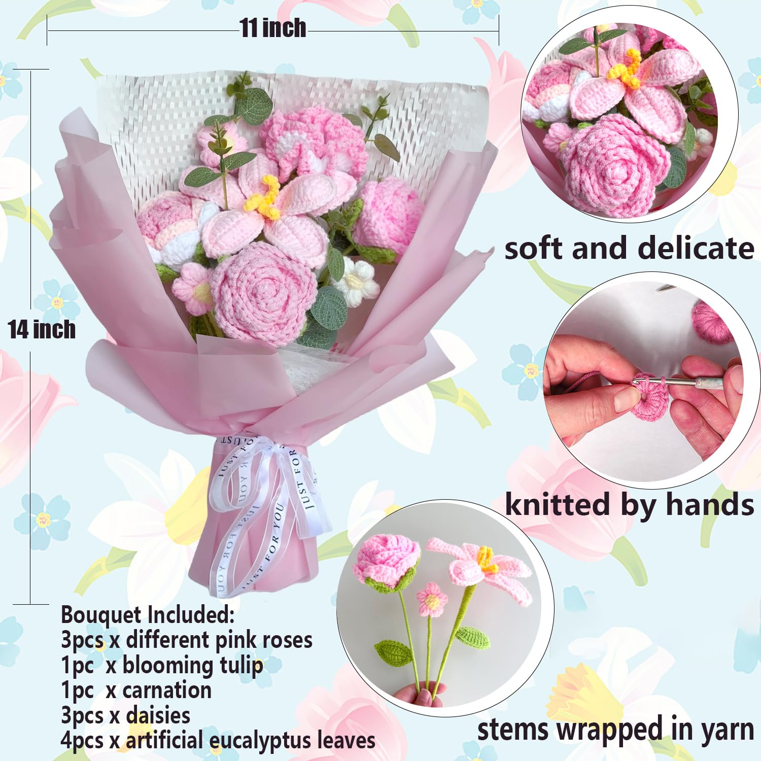 Finished Crochet Flower Bouquet 8Pcs Handmade Knitted Flowers Wrapped Artificial Flowers Bouquets For Mother'S Day Valentine'S Day Birthday Anniversary Graduation Gifts (Pink)