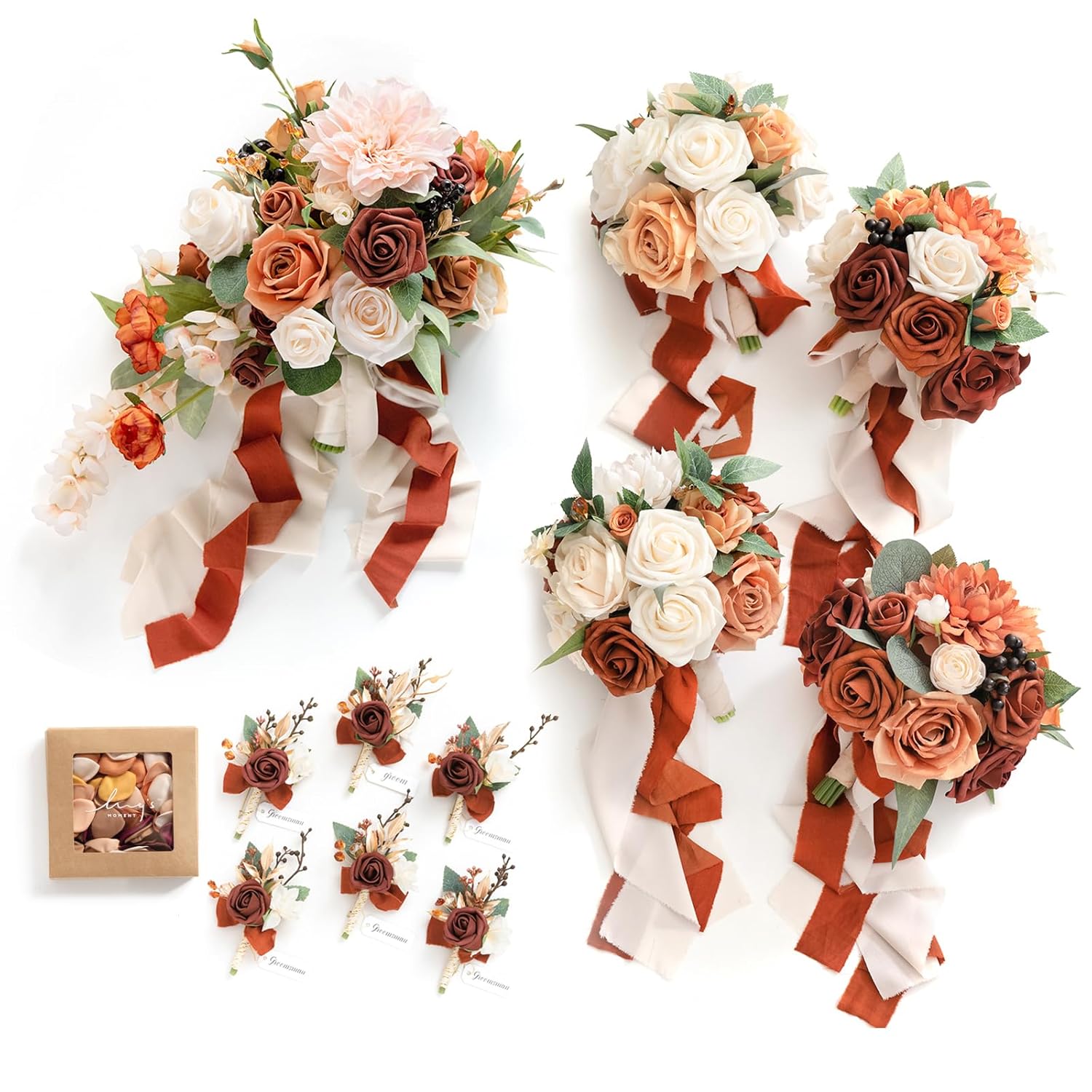 Wedding Artificial Flowers Package, Bridal Bouquet, Bridesmaid Bouquets, Boutonniere For Men, Rose Petals.Terracotta Orange