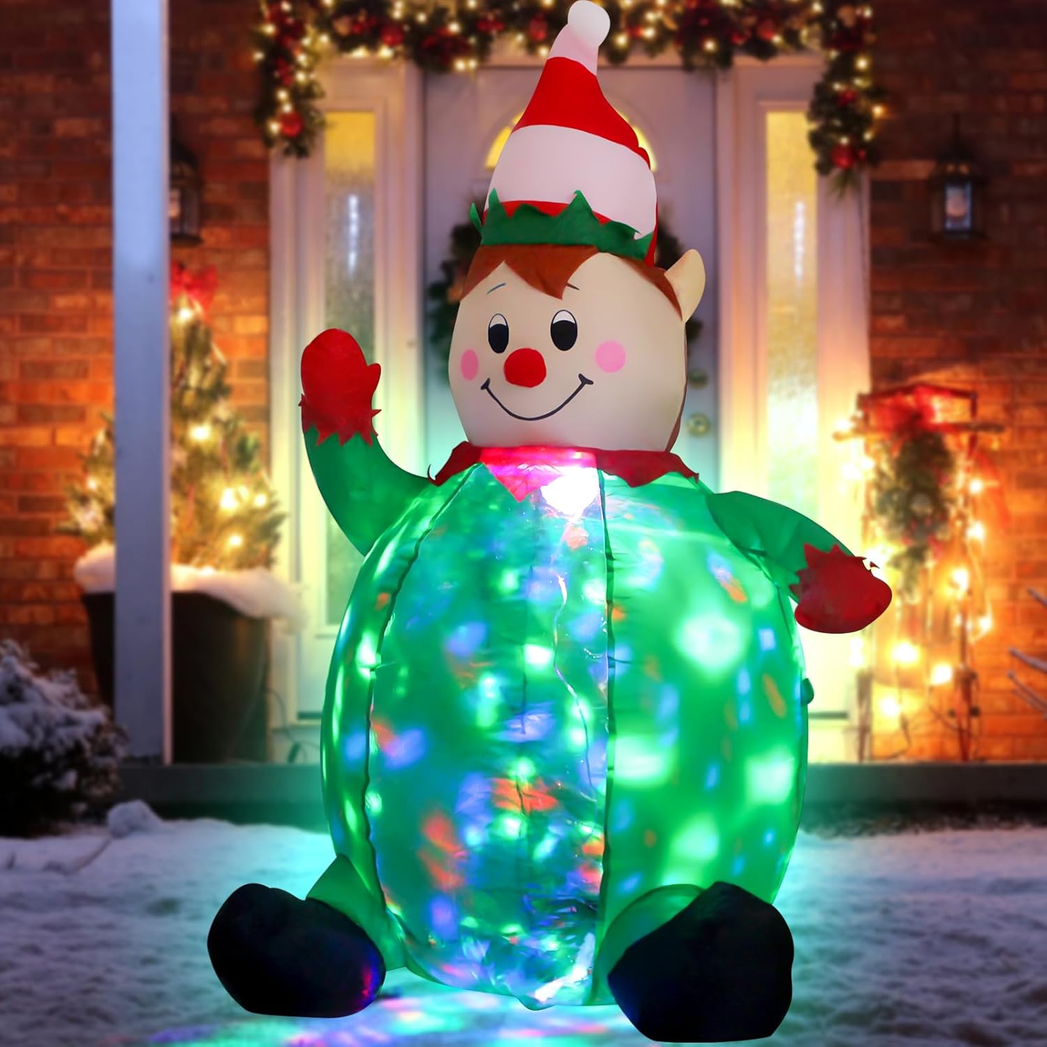 4Ft Christmas Inflatable Elf Indoor Outdoor Decoration,Green Elves Clown With Led Rotating Light Yard Blow Up For Christ
