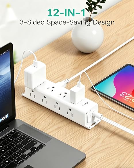 Surge Protector Power Strip 12 Wide Outlets 5FT Flat Plug Wall Mount Extension Cord White