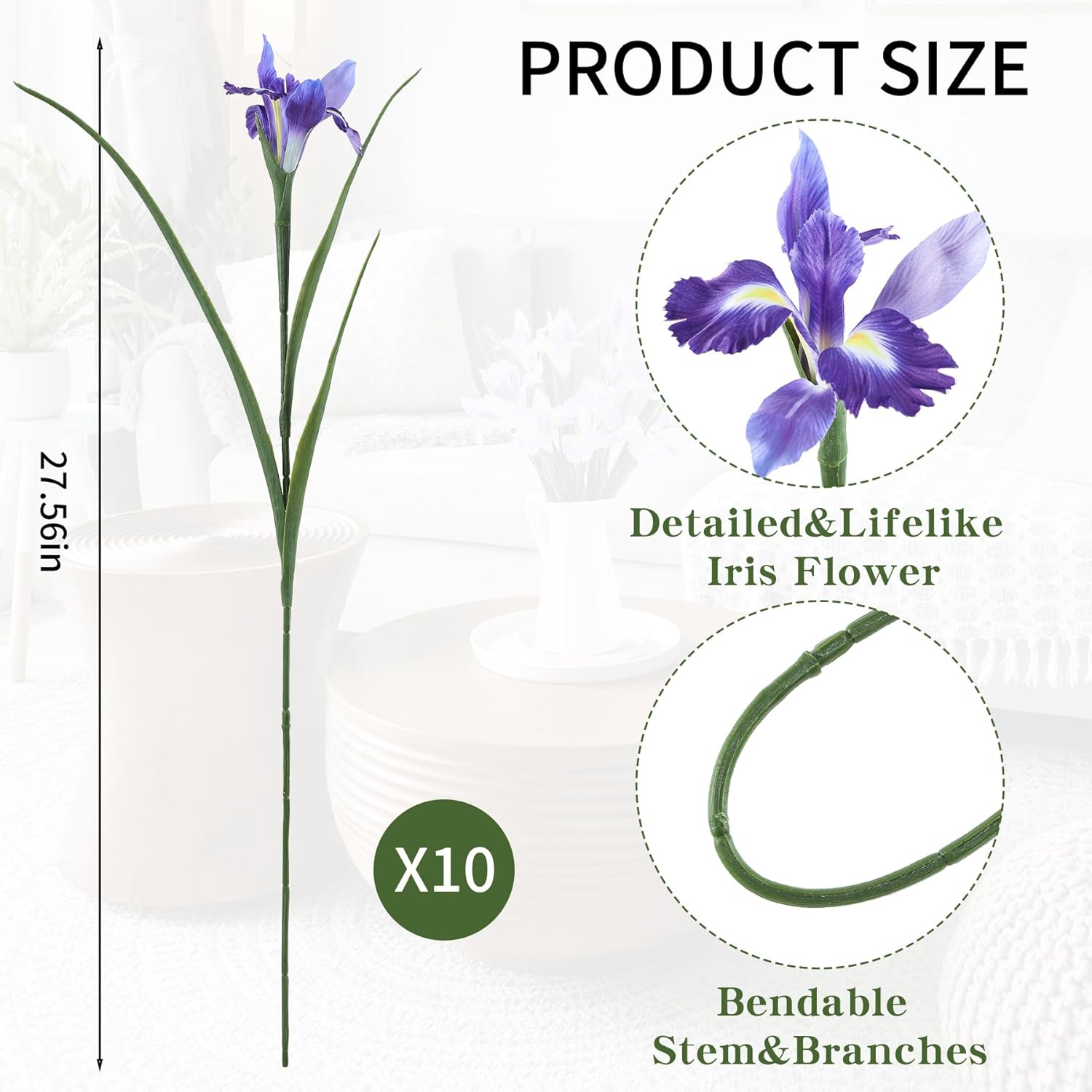 10Pcs Artificial Iris Flowers With 27.5" Long Stem Realistic Faux Silk Iris Flowers For Wedding Centerpieces Bridal Bouquet Home Kitchen Party Décor Flower Arrangements(Deep Purple)