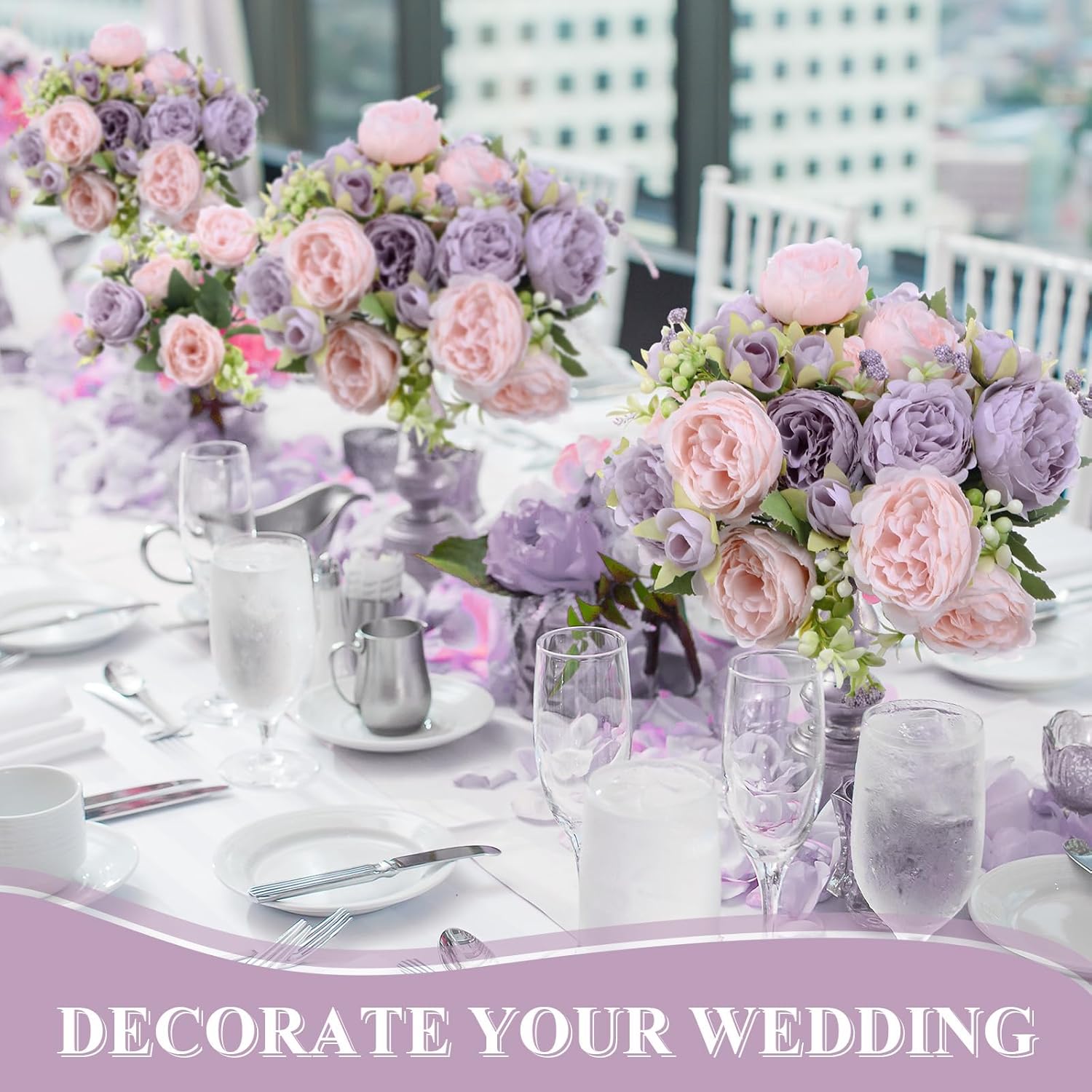 8 Bundles Artificial Peonies Flowers Boho Faux Flowers Arrangements Artificial Centerpiece Spring Bouquet Floral Wedding Decoration For Vase(Pink, Purple)