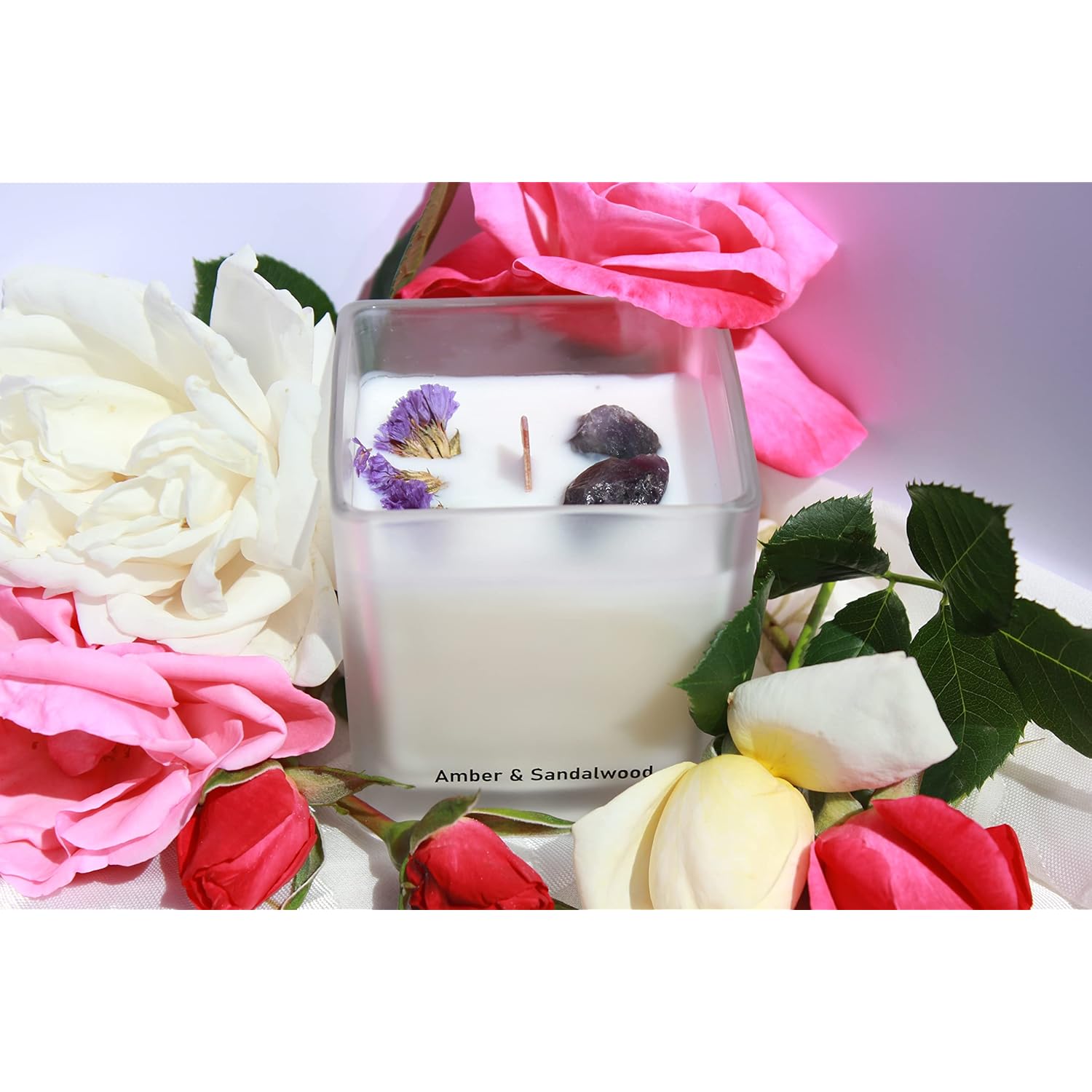 Natural Soy Wax Scented Candles - Lavender Vanilla Scented Candle & Amber Sandalwood With Wooden Wick In A Frosted Glass Square Jar With Bamboo Lid By September 98