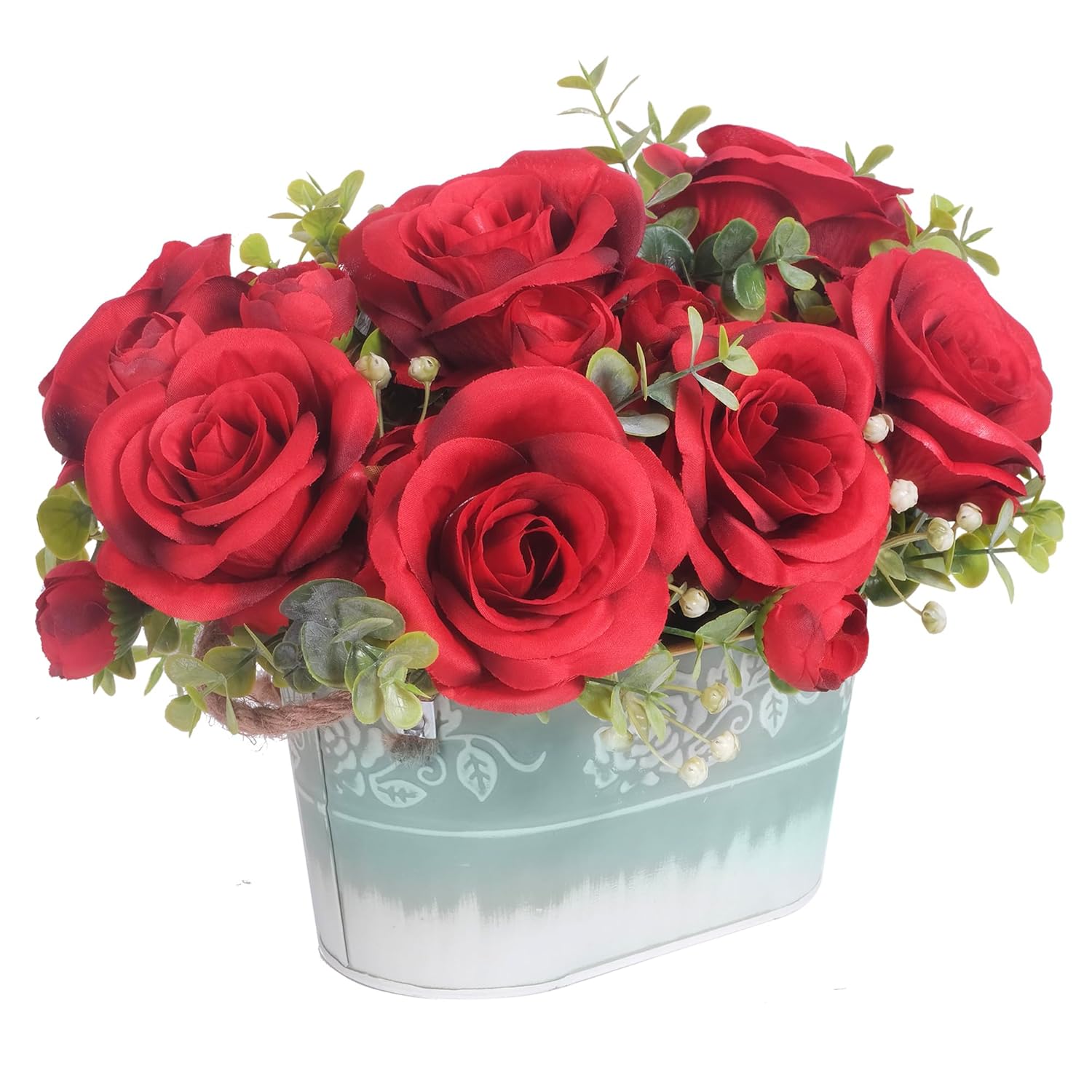 Artificial Rose Flower Arrangement For Table Centerpiece, Farmhouse Red Silk Flowers With Eucalyptus In Rustic Galvanized Metal Po Faux Floral Centerpiece For Dining Table, Home, Office Décor