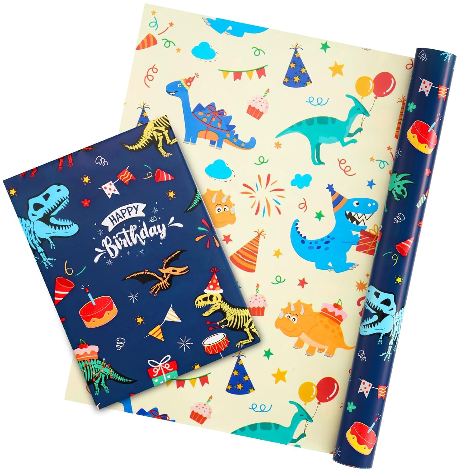 Dinosaur Birthday Wrapping Paper - 1 Roll 17” X 33 Ft Dinosaur Gift Wrapping Paper Blue Yellow Reversible Design For Boy Birthday Celebration Party Gift Packing Supply Baby Shower Wrap Paper