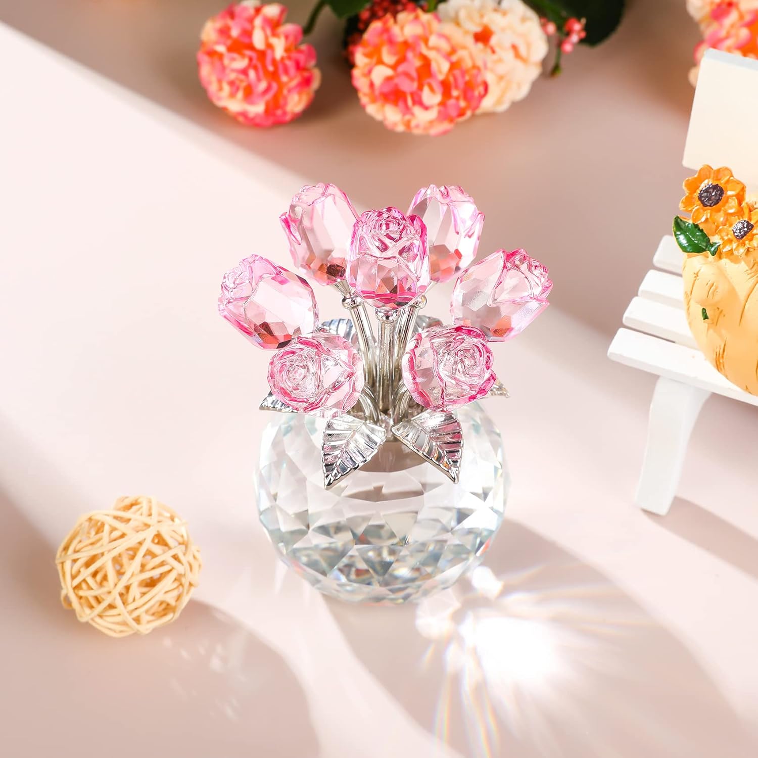 Handmade Crystal Pink Rose Flower Figurine With Round Vase, Rose Gifts For Girlfriend Wife Sister, Romantic Gifts For Mom On Mother'S Day Birthday Anniversary, Wedding Home Decorations