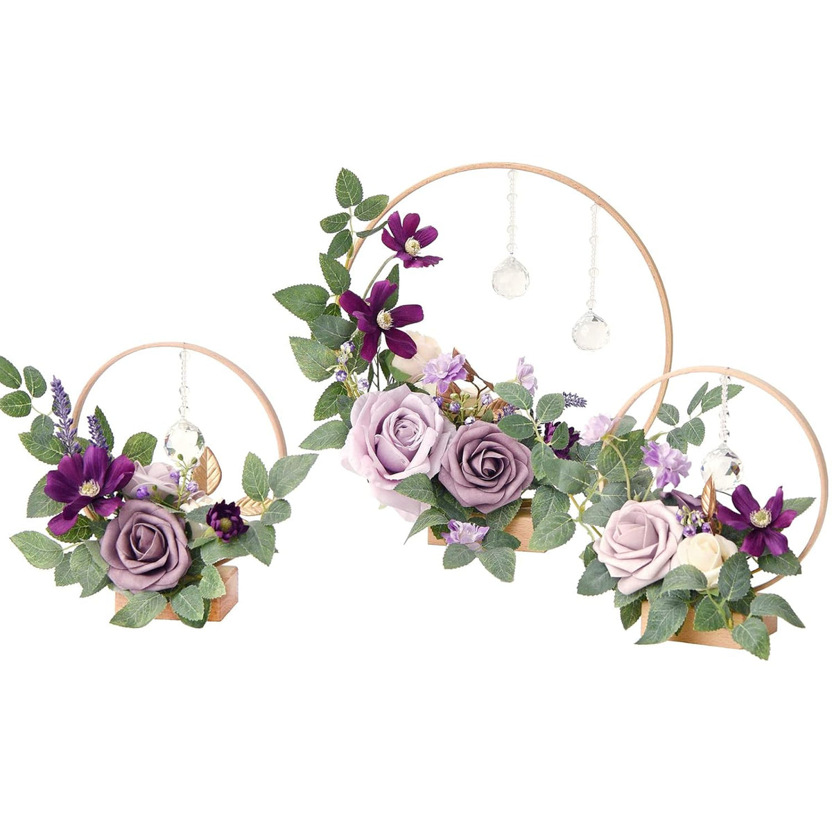 Crystal Wooden Hoop Wreath Floral Centerpieces For Sweetheart Table, Head Table, Ceremony Reception Artificial Flowers Decorations, Assemble Required - Lilac & Gold