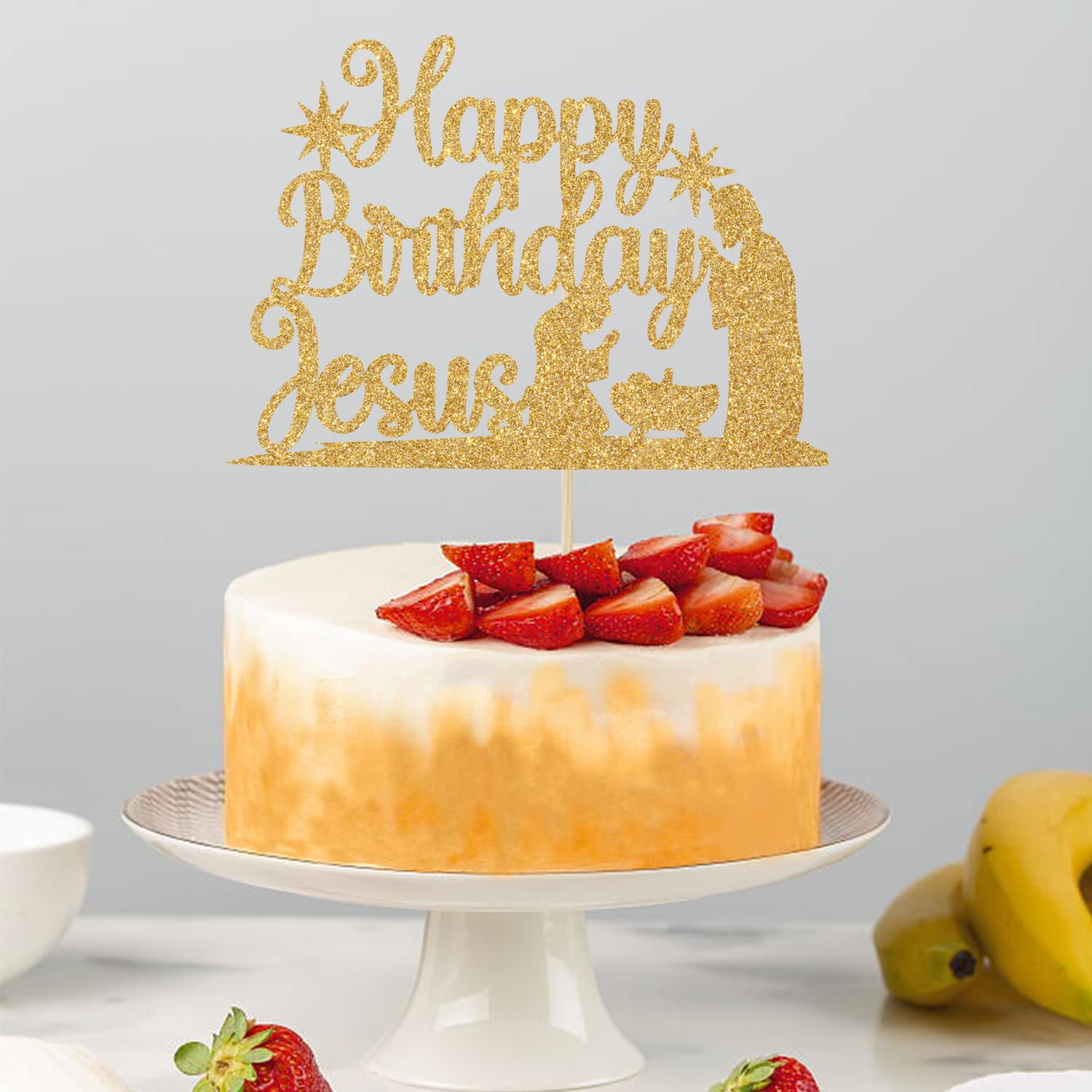 Happy Birthday Jesus Cake Topper, Jesus Is Reason Cake Decor, Jesus Birthday Christmas Party Decorations Supplies Gold Glitter