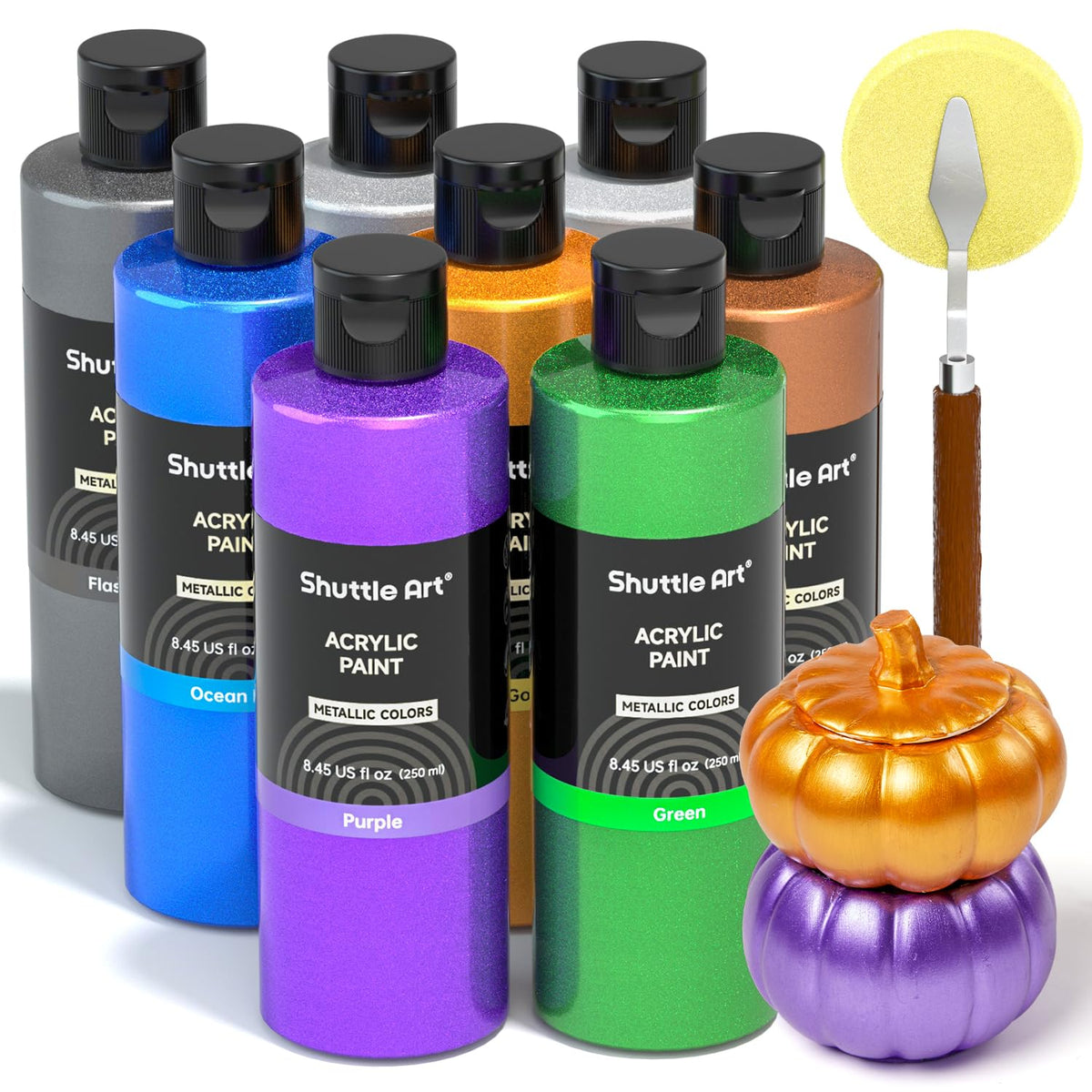 8 Colors Metallic Acrylic Paint, 250Ml/8.45Oz Bottles Acrylic Paint Set, Rich Metallic Shade, Bulk Painting Supplies For Artists, Beginners And Kids Painting On Rocks Crafts Canvas Wood