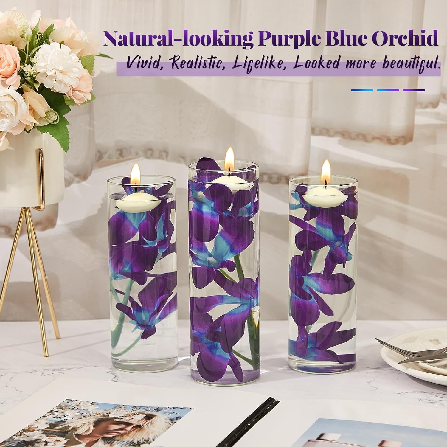 Floating Flowers For Centerpieces Blue Faux Orchid Flowers Vase Fillers Floating Candles Purple Orchid Wedding Table Decor Filling Unscented Floating Candles For Birthday Wedding Party (28 Pieces)