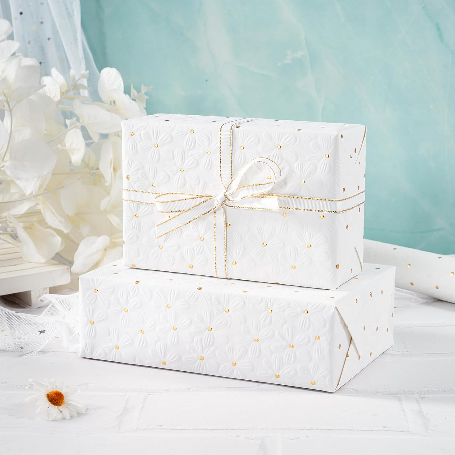 3D Kraft Floral Wrapping Paper - Mini Roll - 17 Inch X 16.5 Feet - Embossed Elegant White Floral With Gold Foil Wrapping Paper For Valentines Day, Wedding, Bridal Shower, Birthday