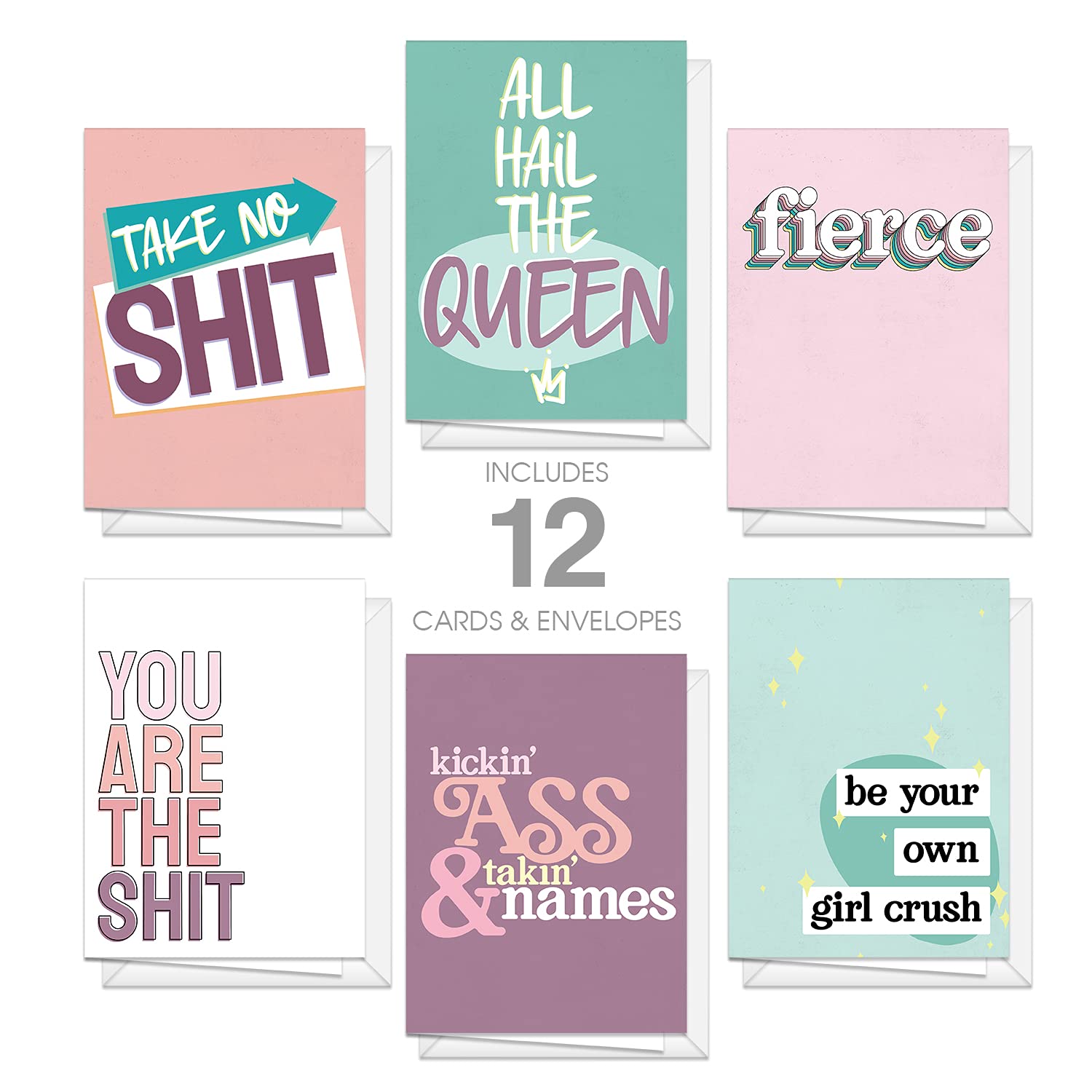 Strong Female Empowerment Note Cards / 4 5/8" X 6 1/4" Sassy Feminine Friendship Greeting Cards / 12 Everyday Boss Lady Encouragement Notecards / 6 Fierce Feminist Designs