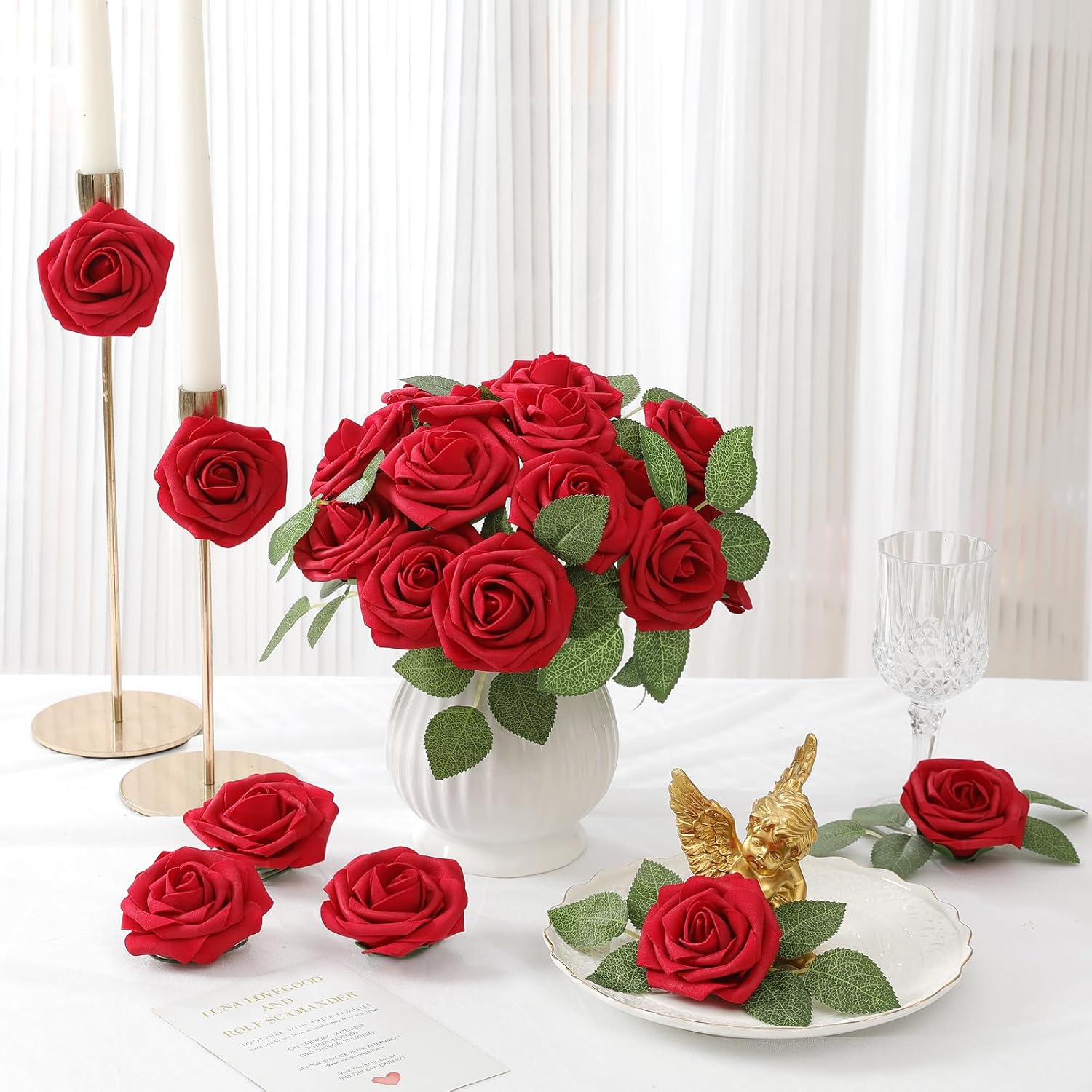 60Pcs Artificial Roses Flowers With Stem And 10Pcs Green Leaves Real Looking Fake Roses Artificial Foam Roses Decoration Diy For Wedding,Arrangements Party Home Decorations