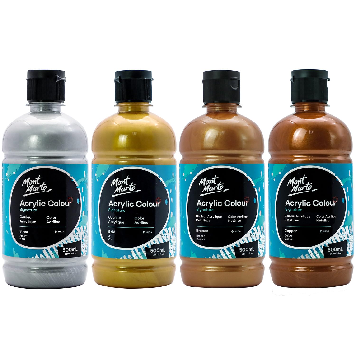 Signature Gold, Silver, Bronze And Copper Acrylic Paint, 16.9Oz (500Ml) 4, Semi-Matte Finish, Suitable For Canvas, Wood, Fabric, Leather, Cardboard, Paper, Mdf And Crafts