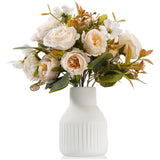 Small 10" Fake Fake Flowers In Vase Silk Roses Artificial Flowers In Ceramic Vase,Faux Flower Plant Arrangement For Home Office Farmhouse Bathroom Dining Table Centerpiece Decorations (White)