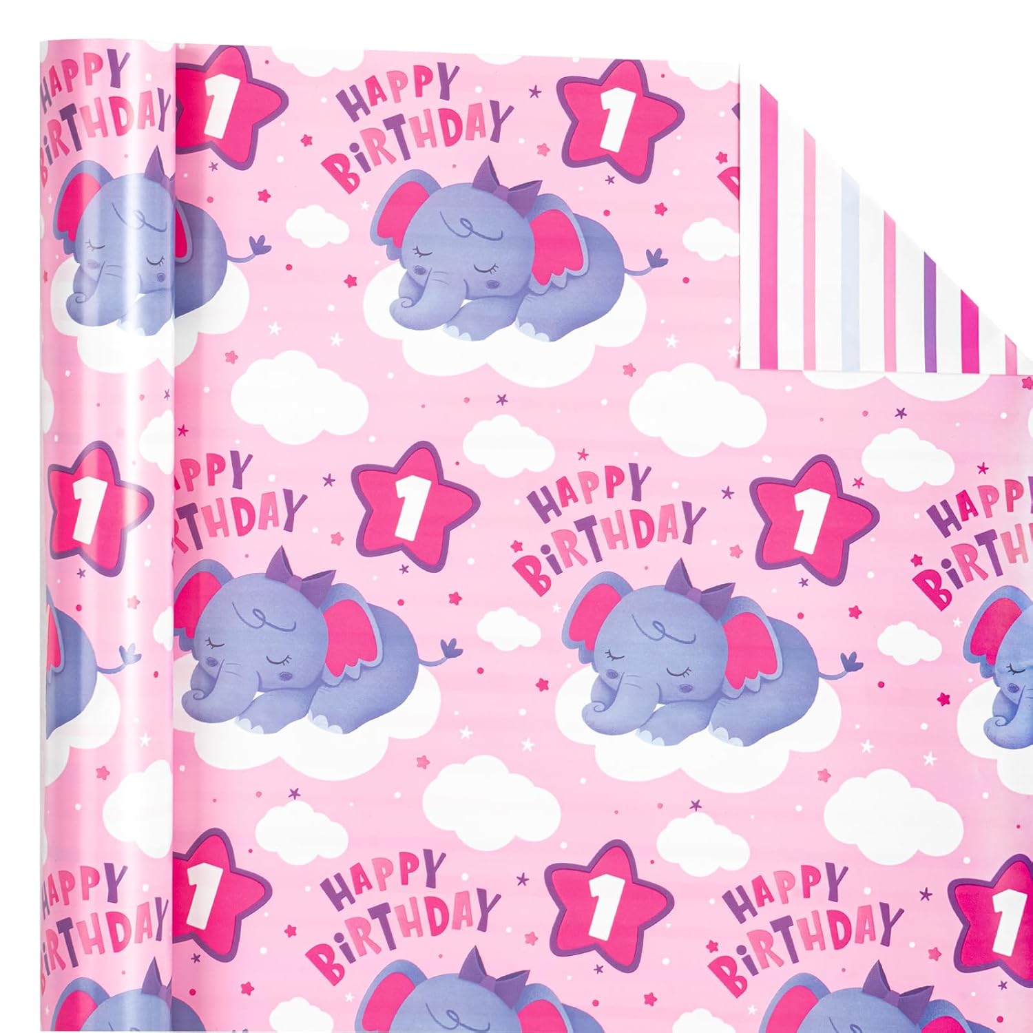 Reversible 1St Birthday Wrapping Paper - Mini Roll - 17 Inch X 33 Feet - Adorable Elephant Happy Birthday Wrapping Paper For Girls, Baby Shower, Party