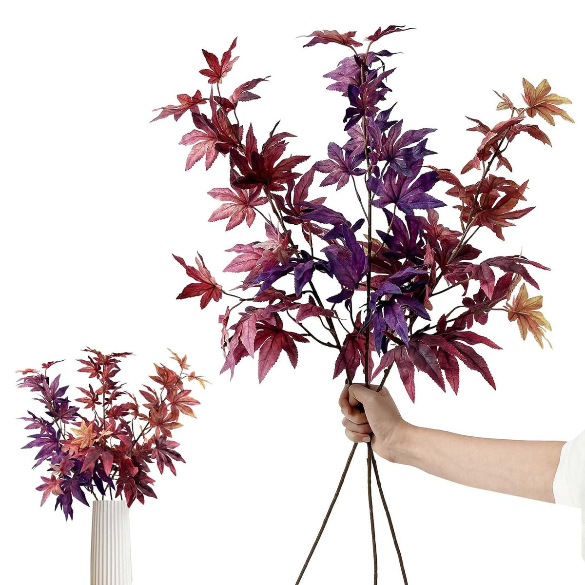 3Pcs Artificial Maple Leaves Branches,32.6'' Silk Autumn Fake Fall Leaves Stems Plants,Faux Maple Leaf Bushes Shrubs For Fireplace Halloween Decorations(Autumn Red/Dark Red/Purple)