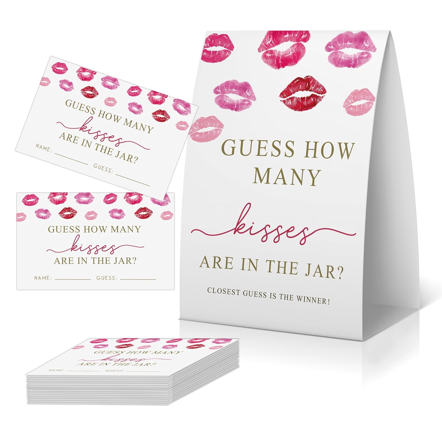 How Many Kisses Bridal Shower Game (1 Sign + 50 Cards), Pink Bridal Shower Games, Bachelorette Guessing Game, Kisses In The Jar Sign,Valentine'S Bridal Party Sign -Ghmk08