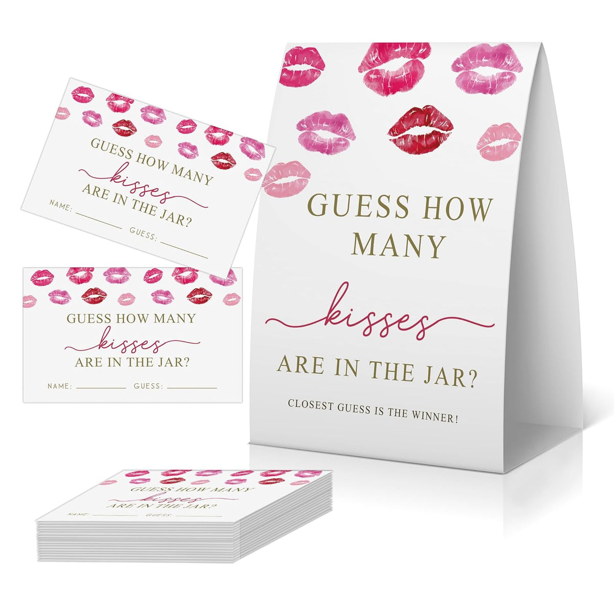 How Many Kisses Bridal Shower Game (1 Sign + 50 Cards), Pink Bridal Shower Games, Bachelorette Guessing Game, Kisses In The Jar Sign,Valentine'S Bridal Party Sign -Ghmk08