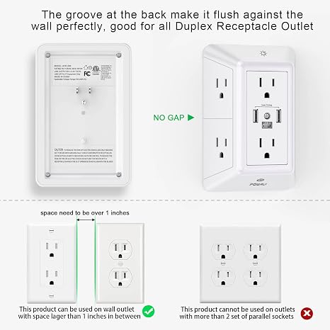 Wall Outlet Extender with Night Light 5 Outlets 4 USB Ports 1680J Surge Protector Multi Plug Adapter