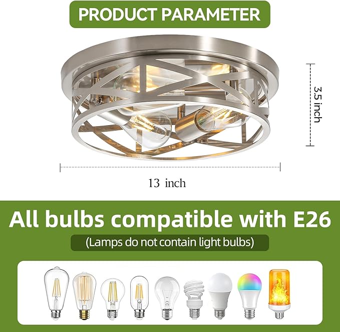 2 Pack 13 Inch Brushed Nickel Ceiling Lights 3 Light Modern Flush Mount Fixtures