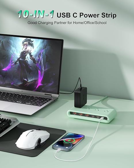 Power Strip with USB C 4 Outlets 6 USB Ports 3 USB C 5FT Flat Plug Charging Station Black