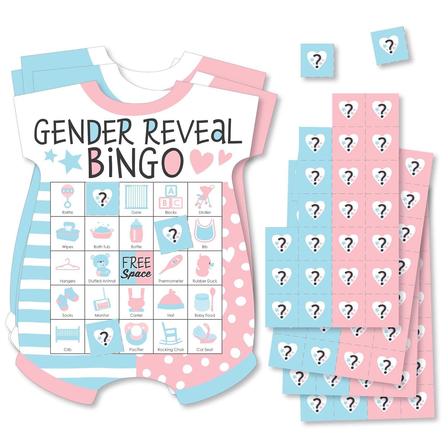 Big Dot of Happiness Gender Reveal Party Bingo Game - Baby Bodysuit-Shaped Picture Bingo Cards with Markers, Interactive Team Boy or Girl Baby Shower Activity